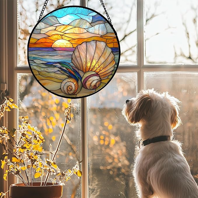 Stained Glass Window Hanging - Colorful Beach Shells Conch Sun Catcher for Door Home Decor Ocean Suncatcher Christmas Mother's Day Birthday Sea Lover Gifts for Women Men Mom Nana 11.8 in
