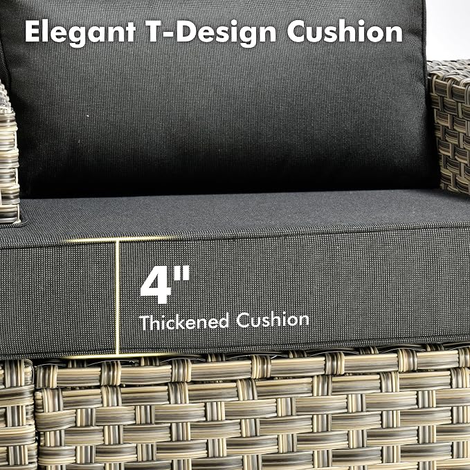 4-Piece Wicker Outdoor Sectional Furniture, Wide Armrest L-Shaped Patio Couch Set with Ottoman, Modern Modular Conversation Sets with Thick Cushion for Backyard Porch Balcony, Black