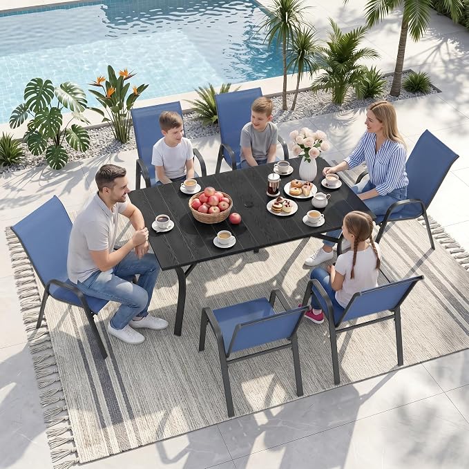 Outdoor Dining Set for 6, Patio Metal Table and Chairs Set with 1.97'' Umbrella Hole, 7pcs Patio Furniture Set 63”x37.8” Dining Table Set with Stackable Chairs for Backyard Pool Deck