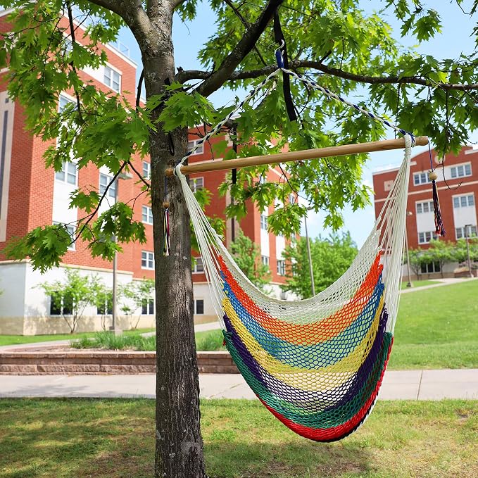 Bliss Hammocks BHC-412 Island Rope Hammock Chair, Eco Friendly & Hand-Woven Recycled Cotton, Varnish Coated 40 Inch Wood Spreader Bar, Easy to Hang w/Included Hanging Kit, Supports up to 265 pounds