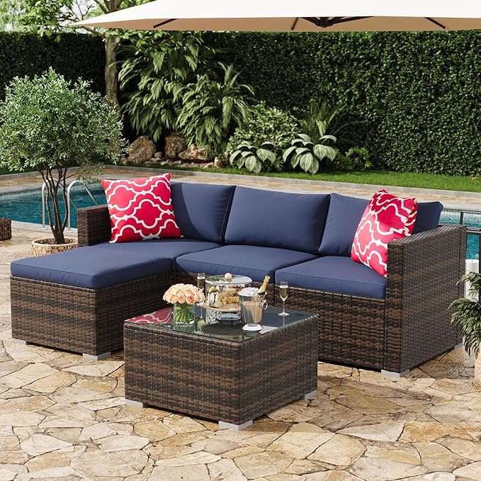 5-Piece Outdoor Sectional Sofa Set, All-Weather PE Rattan Patio Furniture with Ottoman & Tempered Glass Table, Convertible Garden Couch for Backyard, Porch, Poolside (Brown/Navy Blue)