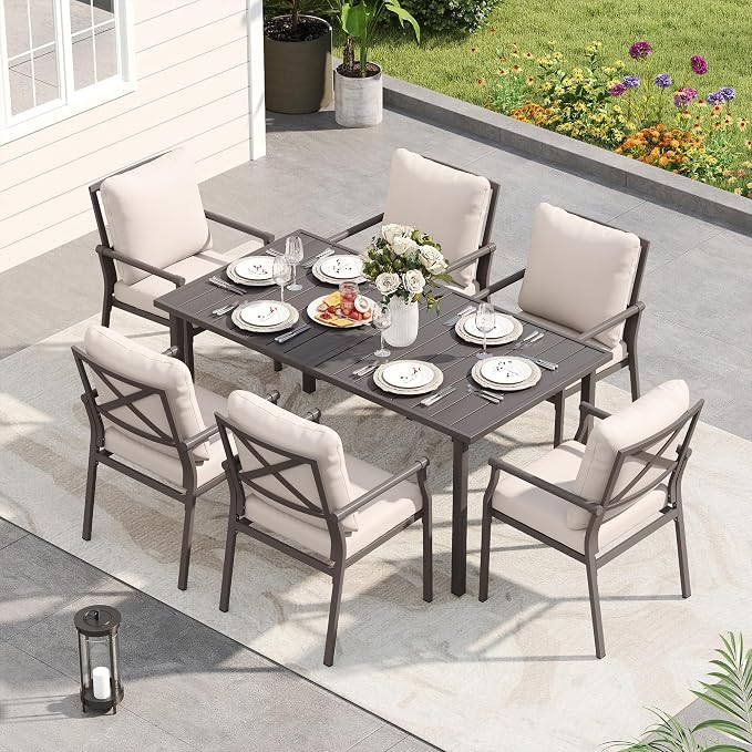 HAPPATIO Patio Dining Set, Metal Outdoor Table and Chairs Set for 6, Powder-Coated Metal Chairs with Thickened Cushions, 60" Rectangular Table with 1.5" Umbrella Hole for Deck Backyard Lawn