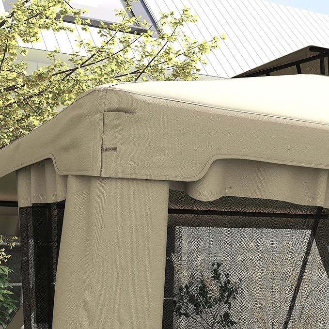 Outsunny 9.6' x 11.6' Patio Gazebo, Outdoor Canopy Shelter with 2-Tier Roof and Netting, Steel Frame for Garden, Lawn, Backyard, and Deck, Taupe