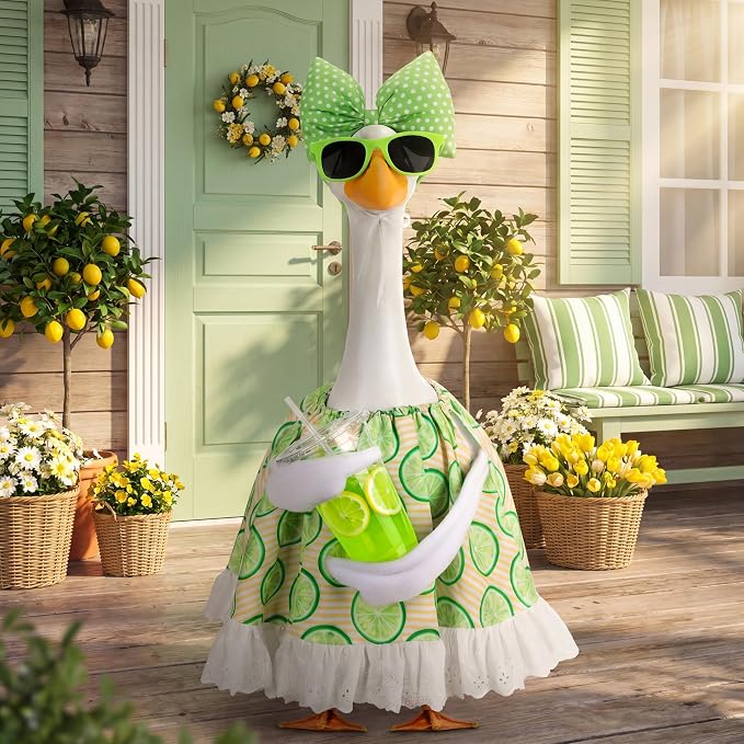 Abbylike Summer Lime Porch Goose Outfit Lemons Clothes Costume for 23'' Goose Dress with Green Bow Frame Glasses for Summer Garden Porch Statue Yard Pathway Decorations