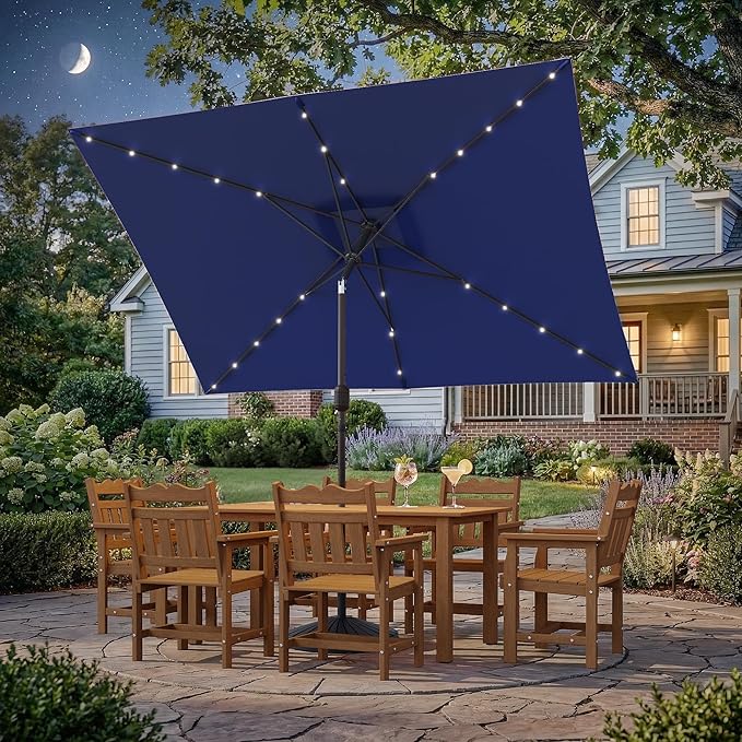 Rectangle Patio Umbrella with Solar Lights, 10 x 6.5ft Rectangular Outdoor Umbrella Table Market Patio Umbrella with Push Button Tilt and Crank for Garden, Deck, Backyard, Pool