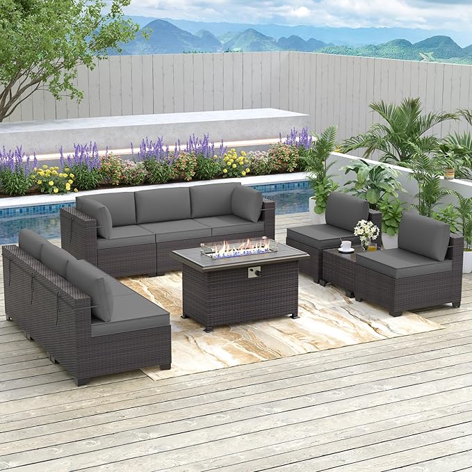 Patio Furniture Sectional Sofa 10PCS PE Rattan Patio Conversation Set w/43in Gas Fire Pit Table, Patio Outdoor Furniture with 4 Inch Thickened Cushions and Glass Coffee Tables, Grey