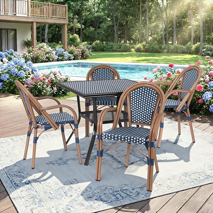 Outdoor Patio Dining Table for 4 People, 35.2" All Weather Hand-Woven PE Rattan Square Table for Garden Backyard Porch Poolside, Blue