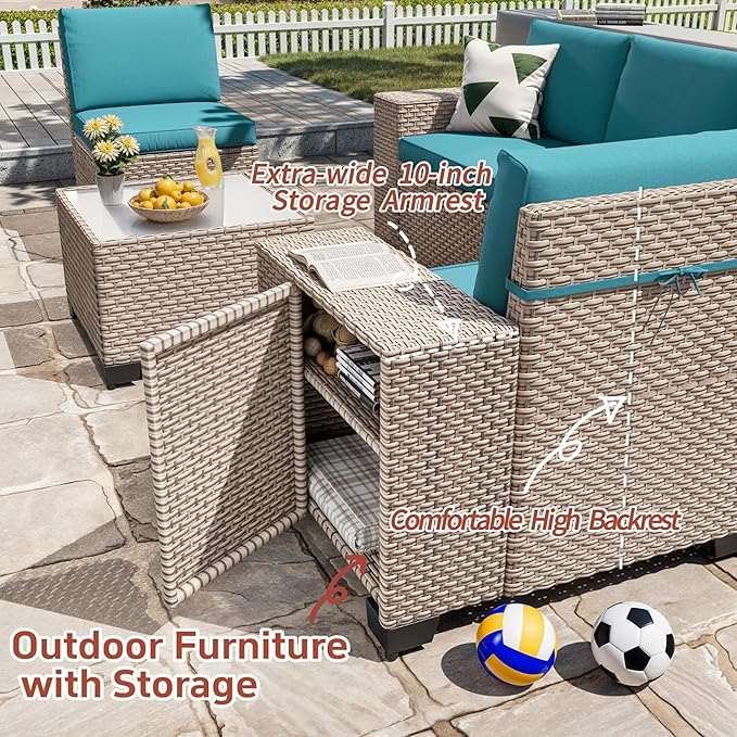 10 Pieces Patio Furniture Set with Fire Pit Table, Outdoor Sectional Wicker Sofa with Thick Cushions, High Back Swivel Rocker Patio Chairs, Rattan Conversation Set with Coffee Table, Cyan