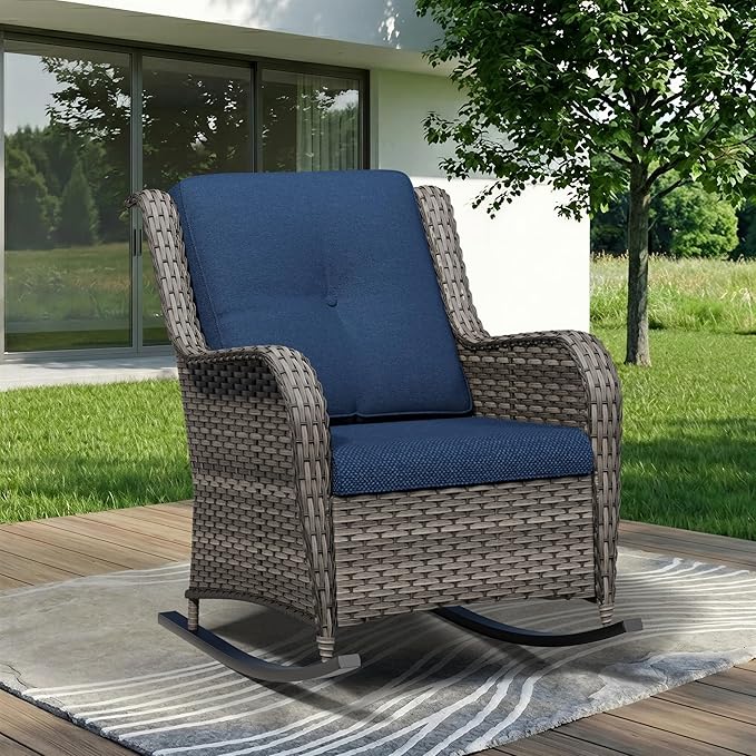 Outdoor Rocking Chair, Wicker Patio Chair with Thickened Olefin Cushions, High Back and Deep Seating, Hand-Woven PE Rattan for Porch, Deck, Balcony, Blue