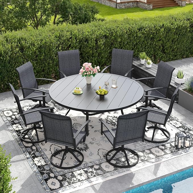 DIFY 9 Pieces Outdoor Dining Set for 8, 60" Black Round Metal Table with Umbrella Hole and Dark Grey Textilene Swivel Patio Chairs, Patio Table and Chairs Set for Garden, Backyard, Poolside