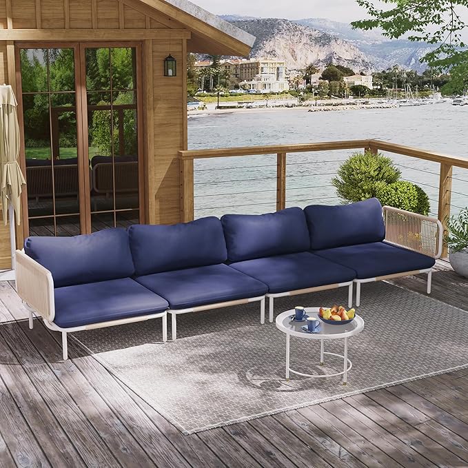 Patio Furniture Set, Outdoor Patio Furniture Oversized Metal Patio Sectional Sofa, 4-Seat Conversation Set with Cushion for Indoor and Outdoor,White Frame and Blue Mat
