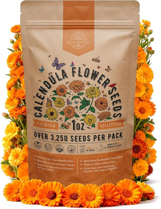 Calendula Seeds Pack 1 oz - Over 3,250 Non-GMO Heirloom Calendula Seeds for Planting Indoor & Outdoor Gardening, Flower Seed for Planting Home and Garden, Flowers Seed in Individual Packet