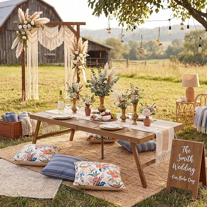 Novabright Foldable Boho Wooden Picnic Table 48x24 Inch Portable Low Picnic Table for Outdoor Indoor Floor Seating Beach Wedding Garden Camping BBQ Backyard