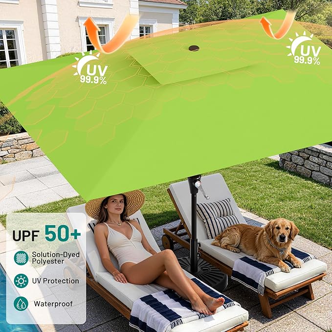 AreShark 8'x10' 2 Tiers Rectangular Patio Umbrella - Outdoor Umbrella Waterproof UV Protection, Market Table Umbrella w/Crank for Pool, Backyard, Deck(Apple Green)