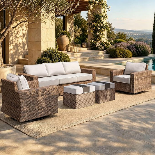 HERA'S HOUSE Swivel Glide Patio Furniture Set with 4.92" Widened Armrest Chairs, Outdoor Conversation Set, 5 Pieces Deep Seating Yellow Rattan Sofa with 5.5" Gray Cushions for Deck Garden Yard