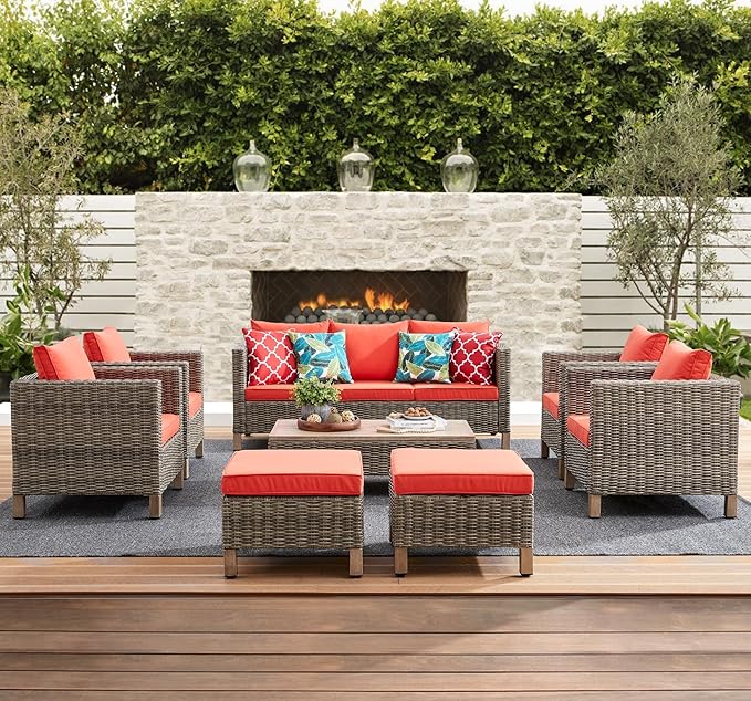 8 Pieces Patio Furniture Sets with Metal Top Coffee Table, All Weather Wicker Rattan Sectional Sofa Outdoor Furniture Conversation Set for Porch, Poolside, Garden, Backyard. (Red)