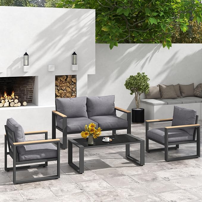 Green4ever Aluminum Patio Furniture Set, 4 Piece Outdoor Conversation Set with Coffee Table, Metal Outdoor Patio Furniture Set for Porch Backyard Garden, Grey