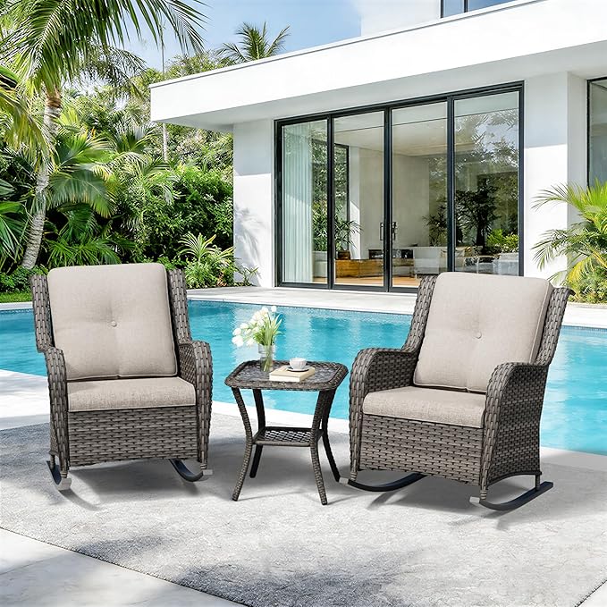 3 Piece Outdoor Wicker Patio Furniture Set, Outdoor Rocking Chair with Thickened Olefin Cushions, High Back and Deep Seating, Hand-Woven PE Rattan for Porch, Deck, Balcony, Beige