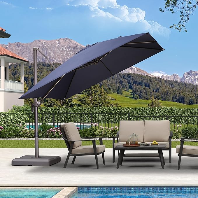 PURPLE LEAF 10' X 10' Patio Cantilever Umbrella Antique Bronze Square Outdoor Umbrella with 360° Rotation and Aluminum Offset Hanging for Garden Backyard Pool, Navy Blue