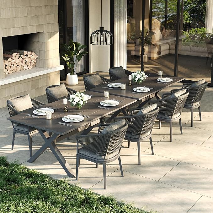 LayinSun 10 Piece Outdoor Dining Table Set, Aluminum Modern Rectangular Dining Table and All-Weather Wicker Chairs Set for Patio Deck Indoor Decor Kitchen