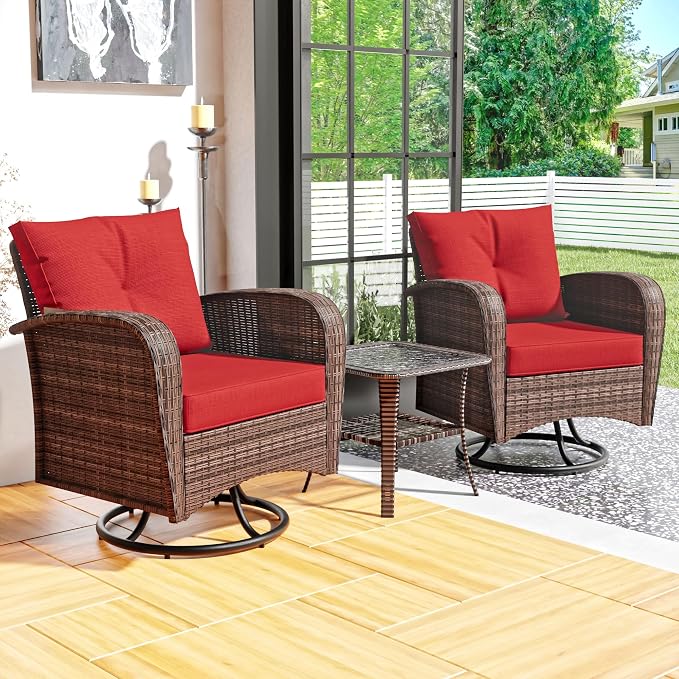 3 Pieces Conversation Furniture Set of Patio Swivel Rocking Chairs and End Table, Wicker Rattan Outdoor Set with Washable Cushions for Backyard, Poolside, Sunroom (Red)