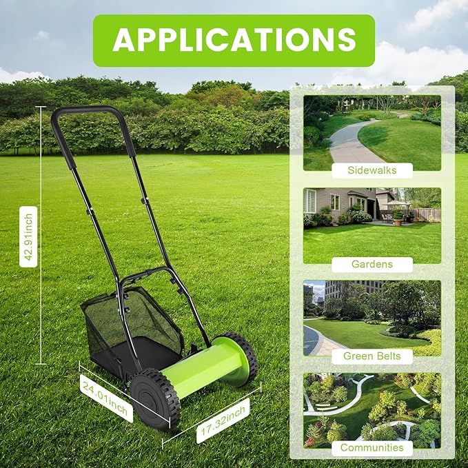 Manual Lawn Mower, Grass Cutter Height Adjustable with 5 Blades and 6 Gallons Grass Catcher, Hand Push Lawn Mower with 11.8in Cutting Width for Garden Courtyard