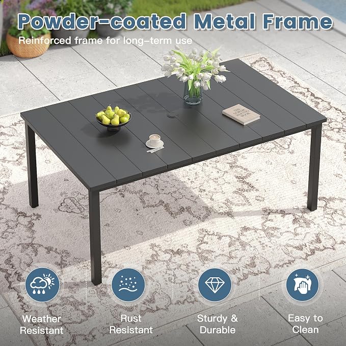 DIFY 7 Piece Outdoor Dining Set for 6, 63" Black Rectangle Metal Dining Table with Umbrella Hole and Stackable Wicker Patio Chairs, All-Weather Patio Table and Chairs Set for Deck Garden Backyard