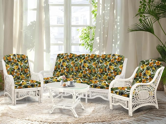 Malibu Lounge Set of 4: 2 Natural Rattan Wicker Chairs, Three-Seater Sofa with Floral Cushions and Coffee Table with Glass Handmade, White Color