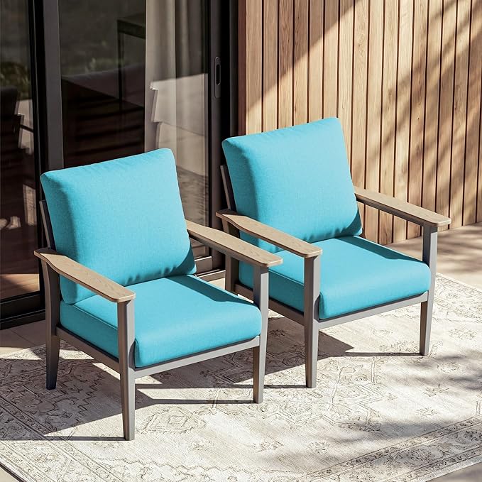 Aluminum Patio Chairs Set of 2, Modern Outdoor Armchairs with Wood-Like Armrests & 5.1" Thick Cushions, Wide Seat Balcony Furniture for Porch, Deck, Blue