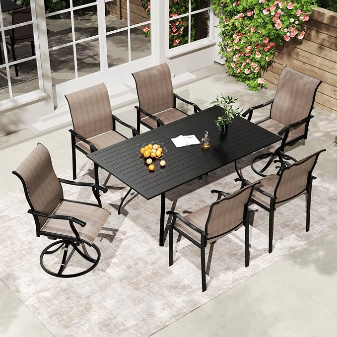 LVUYOYO 7-Piece Outdoor Patio Dining Set, Textilene Swivel Dining Chairs & Rectangular Table Set, All-Weather Table and Chairs Set with Umbrella Hole for Backyard, Garden,Balcony,Porch (Brown)