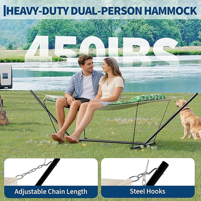 Double Hammock with Stand Curved-Bar Hammock, 450LBS Capacity, 2 Person Large Hammock, Indoor and Outdoor Hammock, Perfect for Backyard Patio Beach