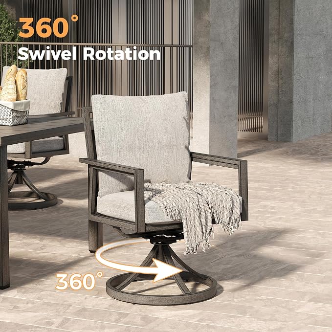 HAPPATIO Patio Dining Set for 6, 7-Piece Outdoor Aluminum Dining Set, 2 Cushioned Swivel Chairs, 4 Dining Chairs and Table for Deck Yard Poolside, Rust-Proof, Weather-Resistant, Easy Assembly