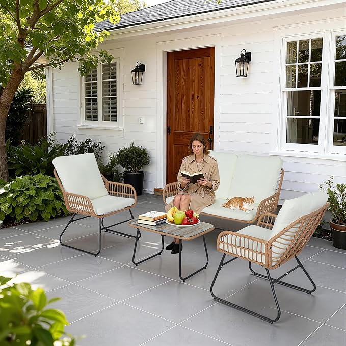 EortheX 4 Pieces Outdoor Patio Furniture Set,Patio Conversation Set,Rattan Wicker Bistro Sets with Loveseat Chairs and Modern Coffee Table for Backyard Deck Balcony and Garden Lounge Spaces - Beige