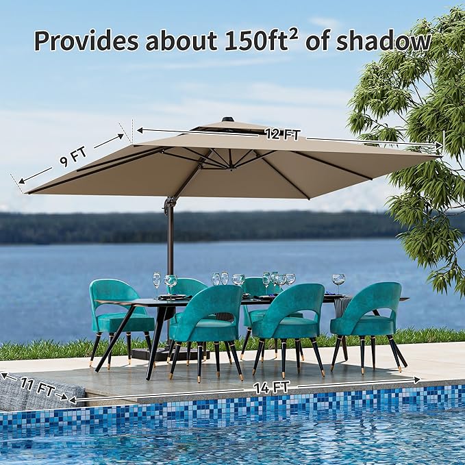 9x12FT Brown Cantilever Outdoor Patio Umbrella with Base, Large Rectangular Offset Design, Double Top Heavy Duty Aluminum Frame & 360° Rotation for Pool Garden Deck Backyard, Beige