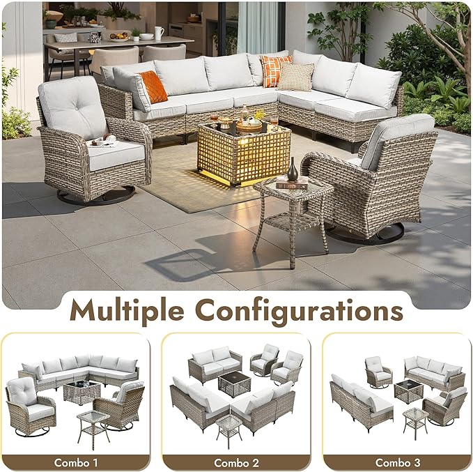 10 Pieces Outdoor Sectional Patio Furniture Set with Swivel Rocking Chairs,Wicker Conversation Sets Rattan L Shaped Couch,Modular Outdoor Sofa for Porch Balcony Backyard Grey