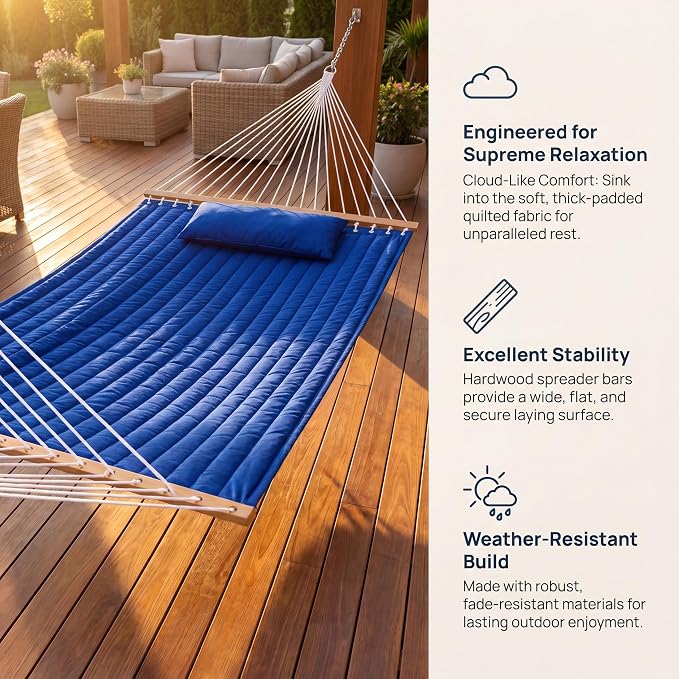Double Quilted Hammock with Spreader Bar, Pillow & Chains, 450 lbs Capacity, Weather Resistant, for Patio, Backyard, Beach, Outdoor, Navy Blue