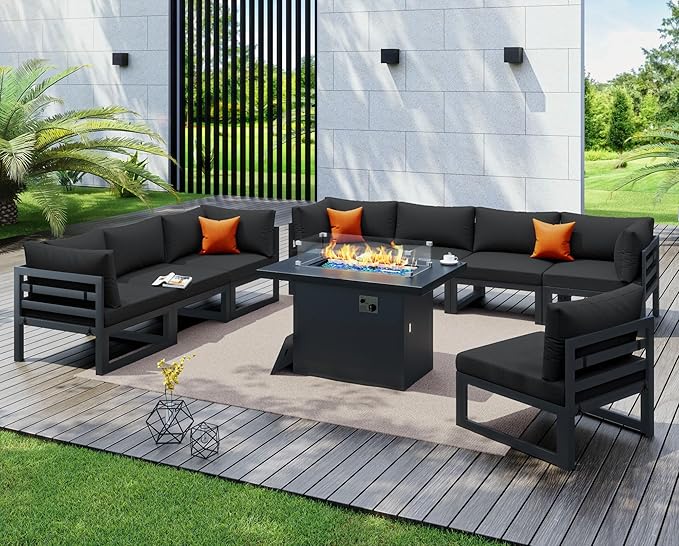 NICESOUL 9 Piece Modern Aluminum Outdoor Patio Furniture Set with Fire Pit Table Propane/Gas, 29" Wide Deep Seat, No Rust Extra Large Sectional Sofa, 500 lbs Heavy Duty Garden Conversation Set, Black