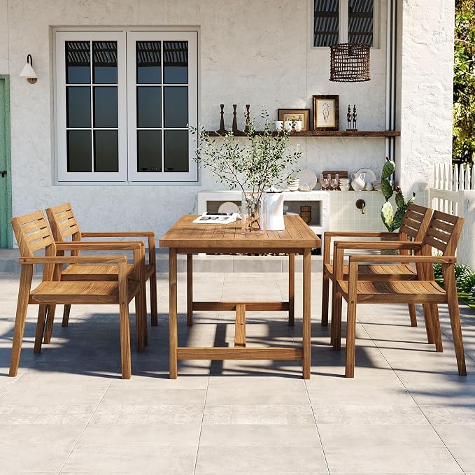 VilroCaz 5-Piece Outdoor Acacia Wood Outdoor Dining Set, All-Weather 59'' Rectangular Table with Umbrella Hole and 4 Armchair for Patio Lawn Garden Poolside (Natural-U27)