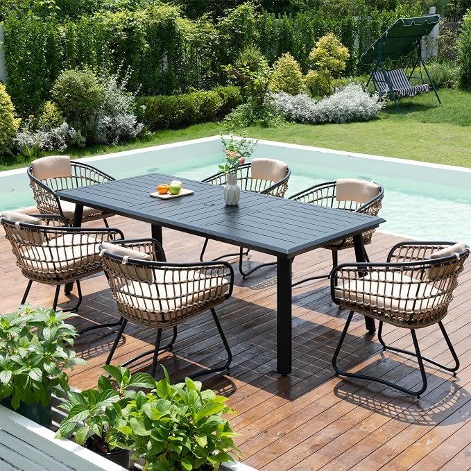 Pellebant 7-piece Outdoor Dining Set for 6 Person - Weather-Resistant Patio Dining Furniture Set, 83" Aluminum Outdoor Table with Umbrella Hole, Wicker Chair with Cushion for Deck, Porch, Backyard