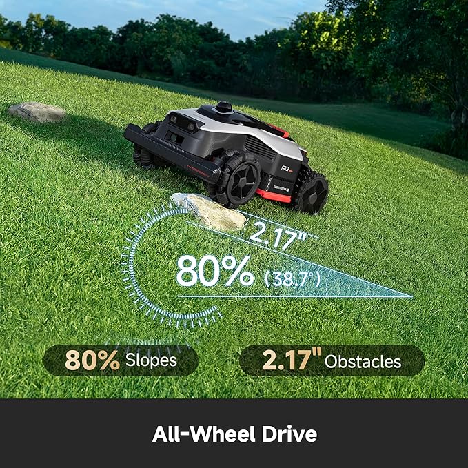 [All-Terrain Wire-Free] DREAME A3 AWD 2000 Robot Lawn Mower, 360° 3D LiDAR & AI Dual Vision Smart Robotic Mowers for 0.5 Acre, 80% Slopes & 45min Fast Charge, 1.97" Edge Trimming, 4G GPS Anti-Theft