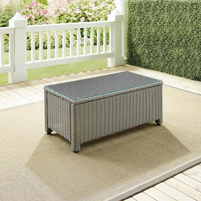 HomeStock Gothic Glamour Outdoor Wicker Coffee Table Gray, Tempered Glass Table Top, Adjustable Levelers on Legs, 17.75" H x 40" L x 21" D