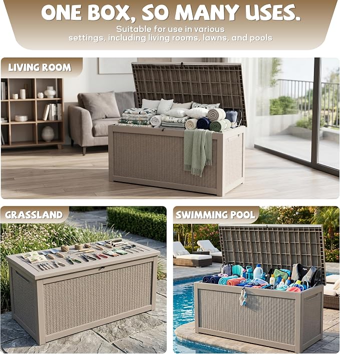 EasyUp 320 Gallon Deck Box, Large Deck Box for Indoor and Outdoor,Waterproof Storage Boxs for Patio Furniture,Garden Tools,Cushions, Lockable and UV Resistant,Easy to Install(Grey)