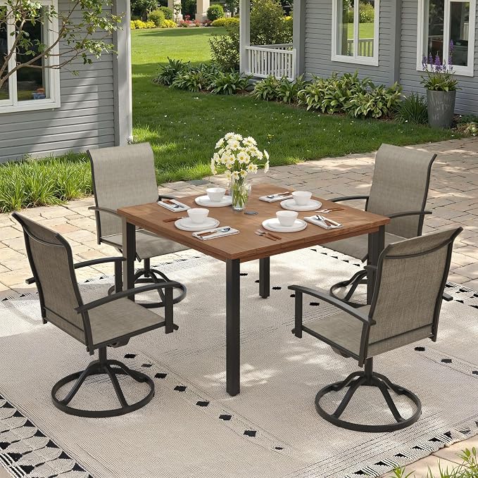 Outdoor Dining Table with Adjustable Umbrella Hole, 40.2" All-Weather Square Patio Dining Table for 4, Metal Patio Table for Garden Lawn Porch Deck Yard, Walnut