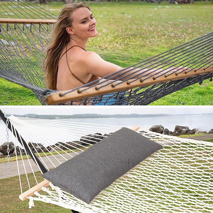 SUNCREAT Double Outdoor Rope Hammock, Polyester Rope Hammock with Extra Large Pillow, 450 lbs Capacity, Gray