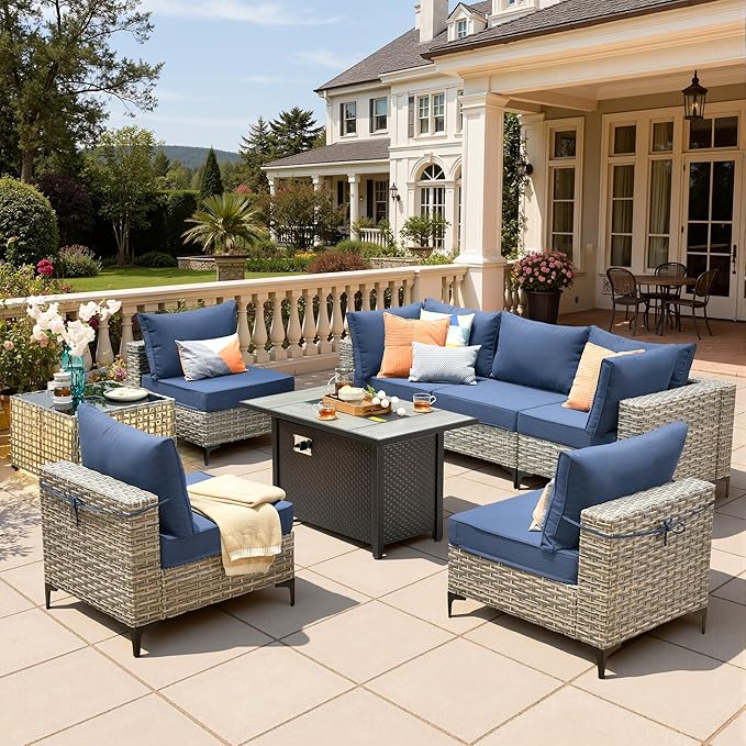 8 Pieces Patio Furniture Set with 42" Fire Pit, All-Weather Rattan Outdoor Sectional Conversation Sets L Shaped Sofas with Solar Light Coffee Table for Porch Balcony Backyard Denim Blue