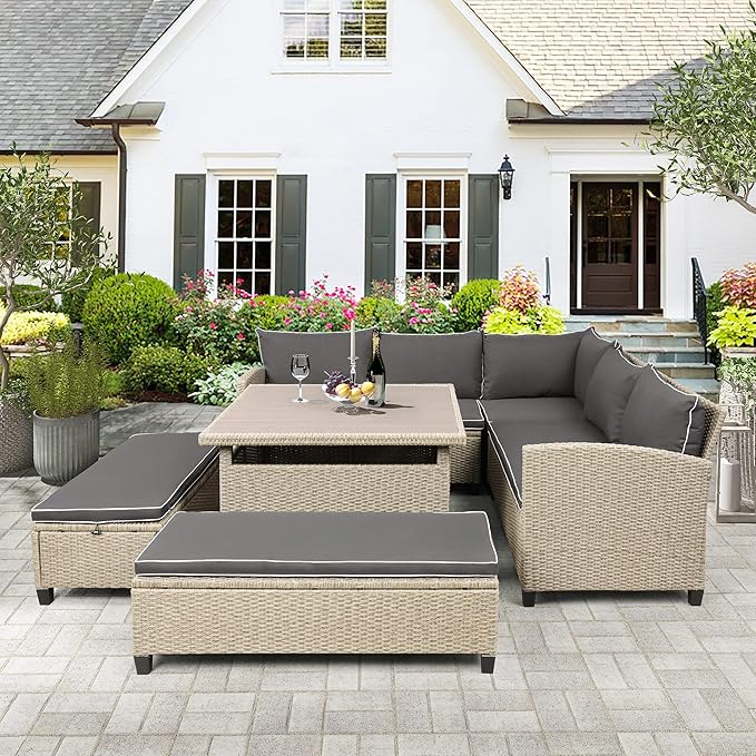 LUMISOL 6 Pieces Outdoor Patio Furniture Set, PE Rattan Wicker Sofa Set, Outdoor Sectional Sofa Set, Wicker Patio Conversation Set with Table and Benches for Lawn, Garden, Backyard (Brown)