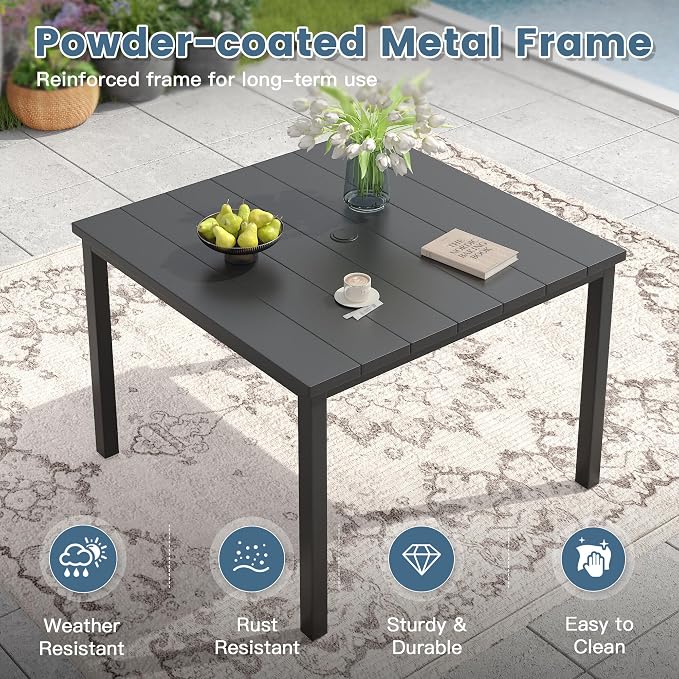 DIFY 5 Piece Outdoor Dining Set for 4, 40.2" Black Square Metal Dining Table with Umbrella Hole and Stackable Wicker Patio Chairs, All-Weather Patio Table and Chairs Set for Deck Garden Backyard