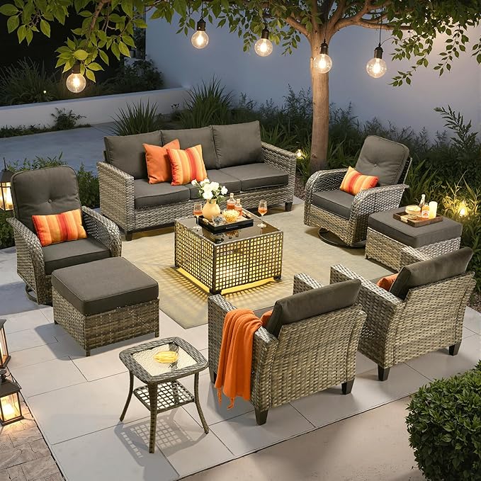 ovios 9 Pieces Patio Furniture Set, Outdoor Wicker Sofa Couch with Rocking Swivel Chairs Solar Lights Table, Modern Deep Seat Rattan Conversation Sets for Deck Porch, Black