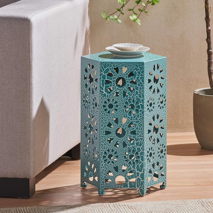 12" Outdoor Side Table, Metal Side Table, Multi Functional Decorative Cutout, Coffee Table, Night Stand, Plant Stand for Patio, Garden, Backyard, Gazebo Indoor (Teal)