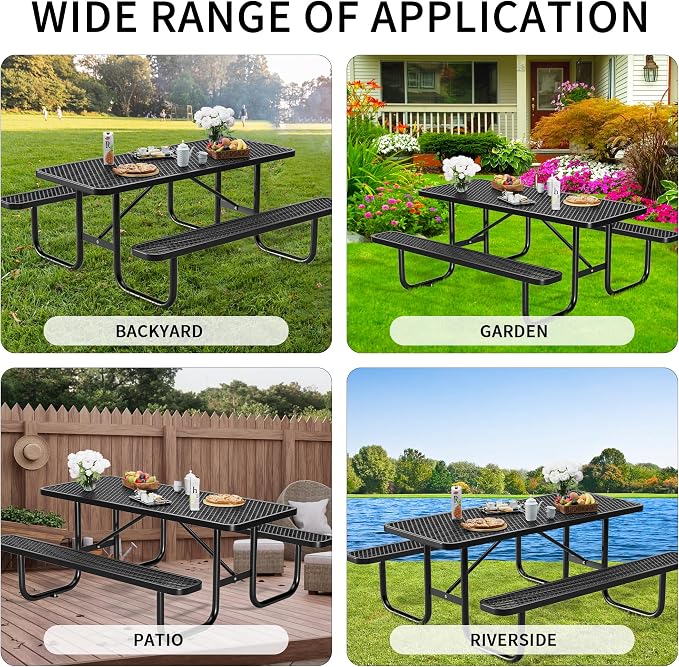 Picnic Tables for Outdoors,Commercial Metal Picnic Table Bench Set with Umbrella Hole,School Canteen Tables W/Seats - Heavy Duty Sturdy Picnic Tables Furniture for Patio Garden (Black, 4FT)
